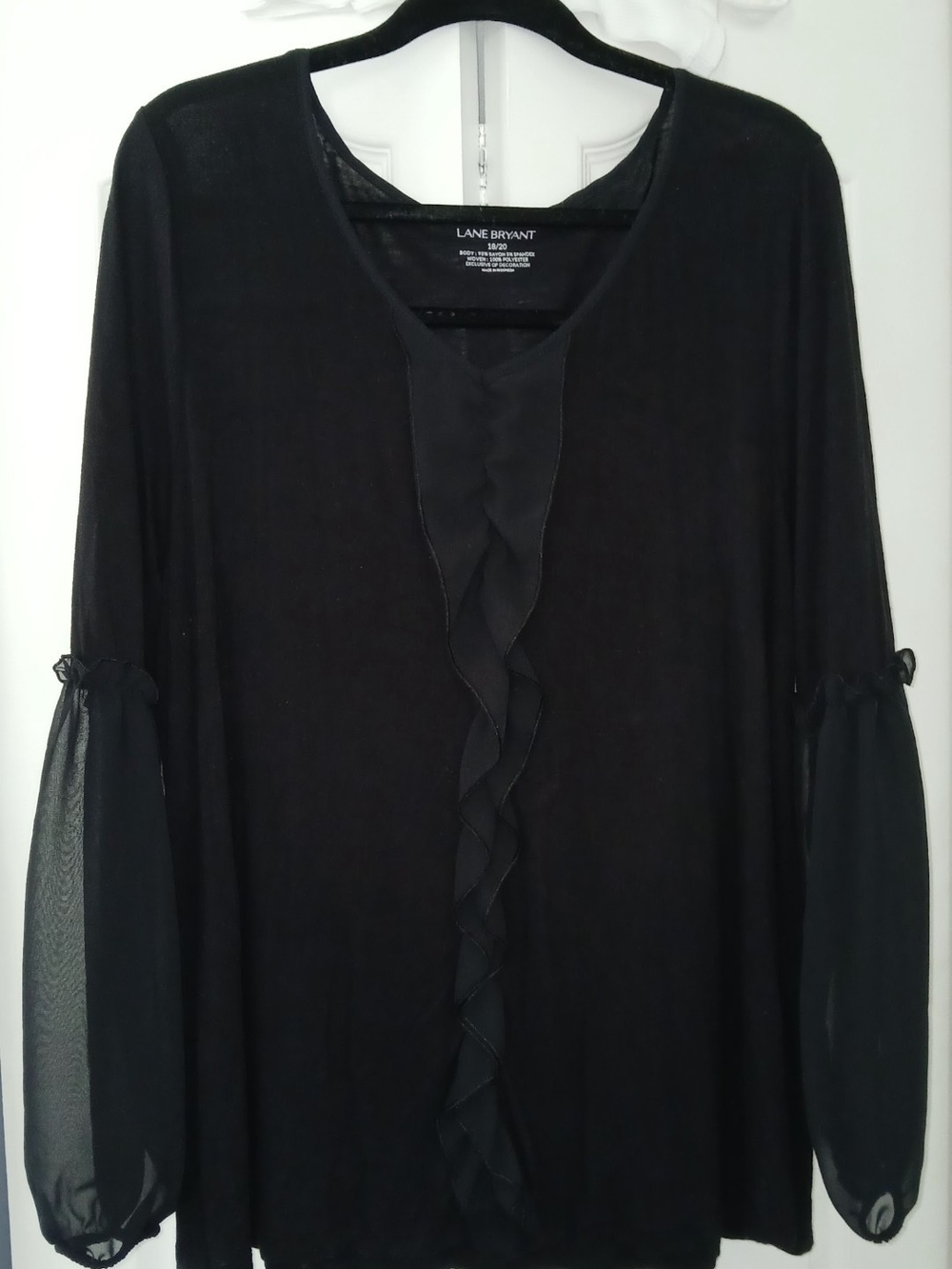 Lane Bryant Black Ruffle-Front Sheer-Sleeve Blouse